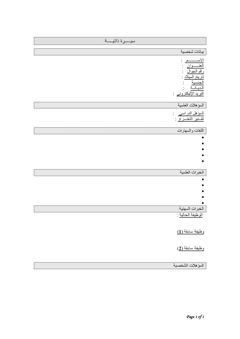 نموذج سيرة ذاتية بالعربية