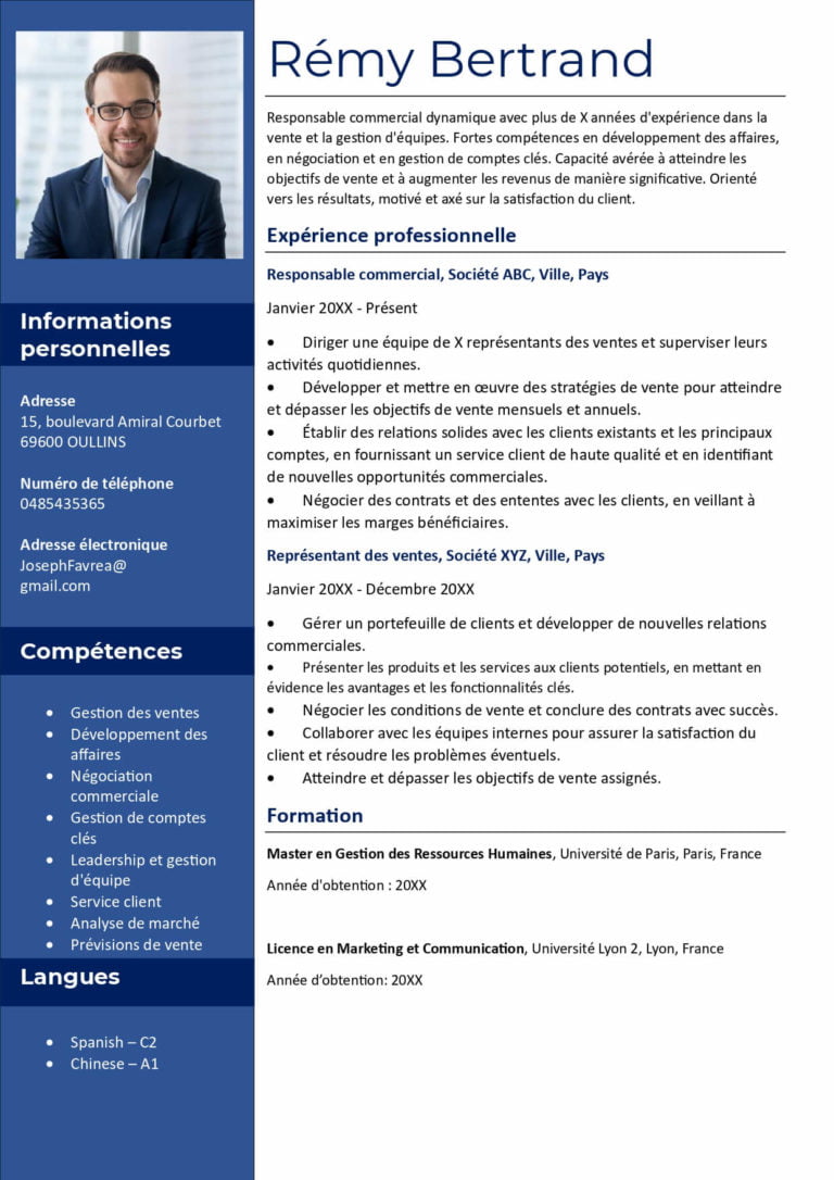 modèle de cv Word Blue deux colonne avec photo
