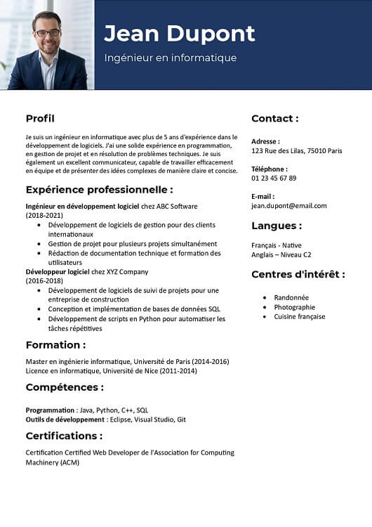 modèle cv simple et moderne avec photo