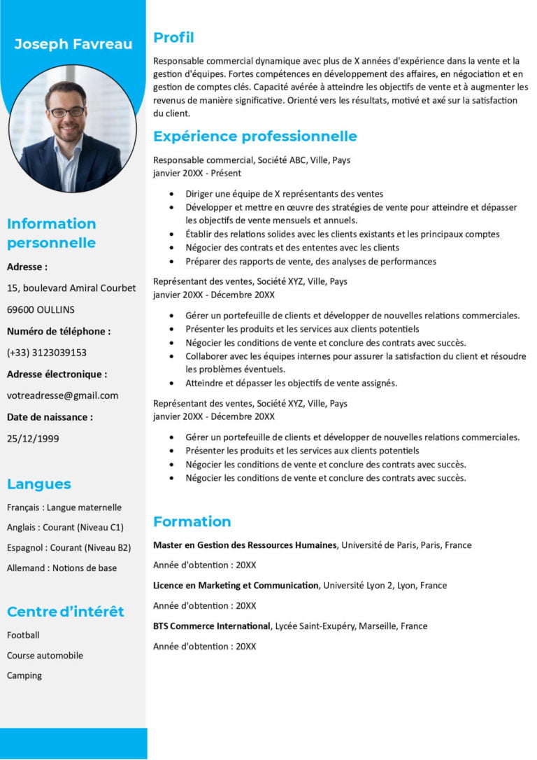 modèle de cv Blue deux colonne avec photo