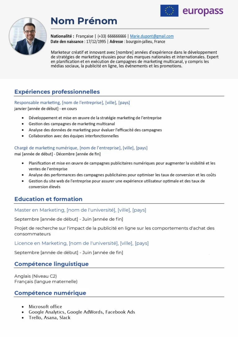 modèle de cv Europass Word avec photo