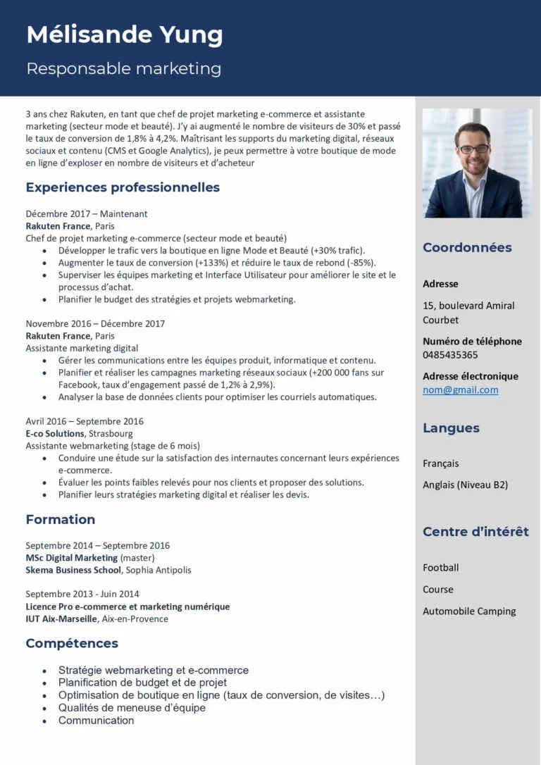 modelé de cv gratuit Word à deux colonne avec photo