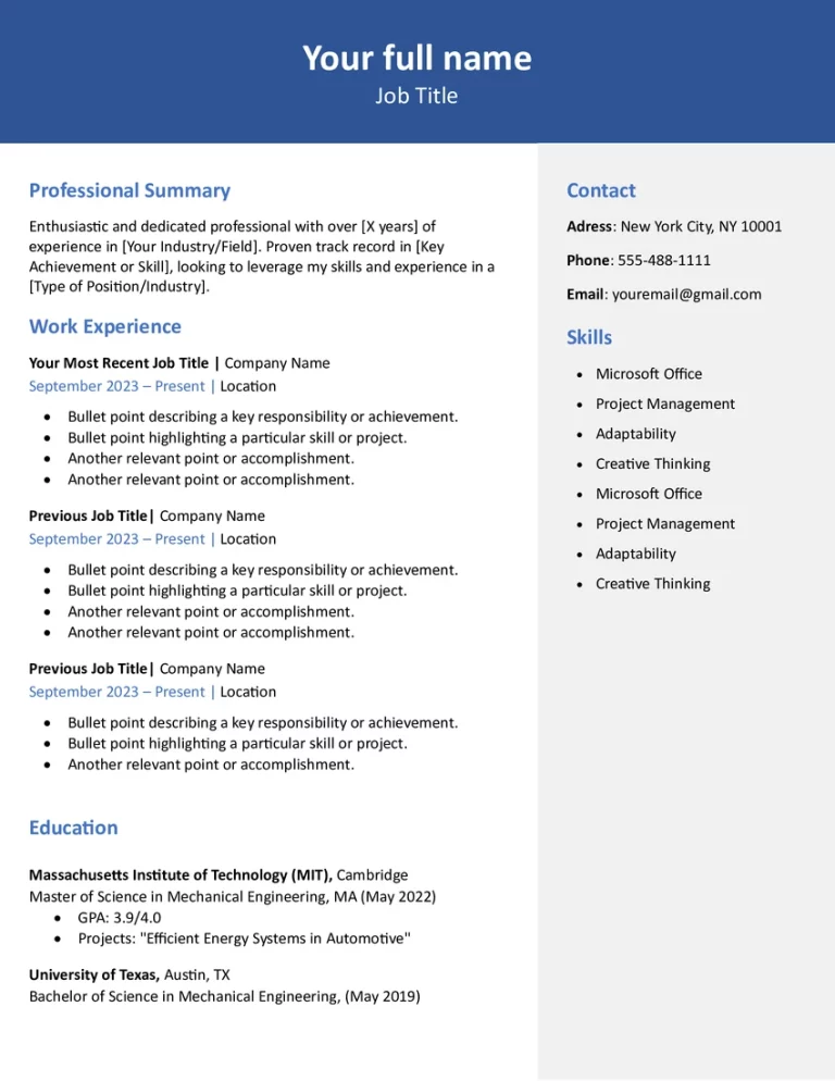 Modern Resume Template two column without photo