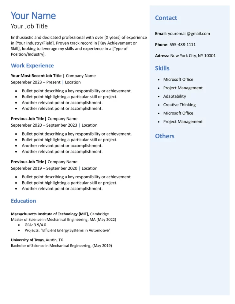 simple resume template with two column
