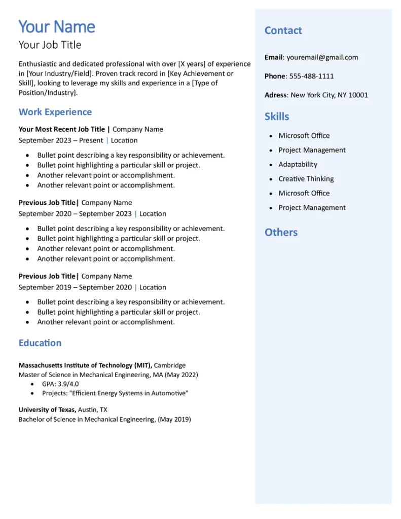 simple resume template with two column