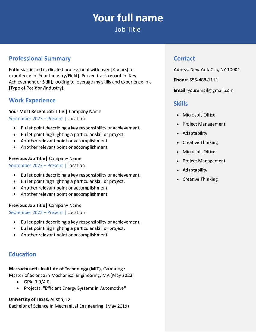 Modèle de CV professionnel en anglais